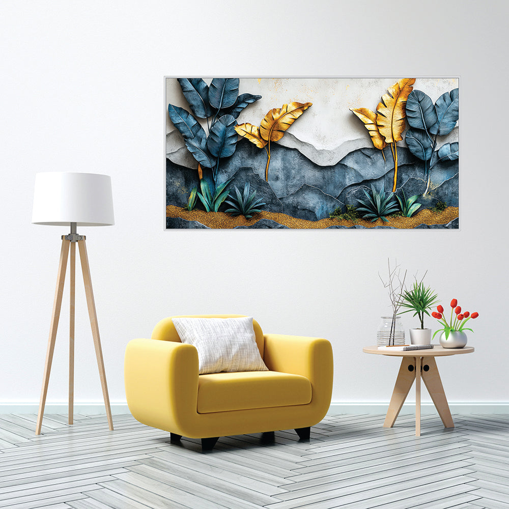Luxury Blue & Gold Banana Leaf Canvas Wall Art.