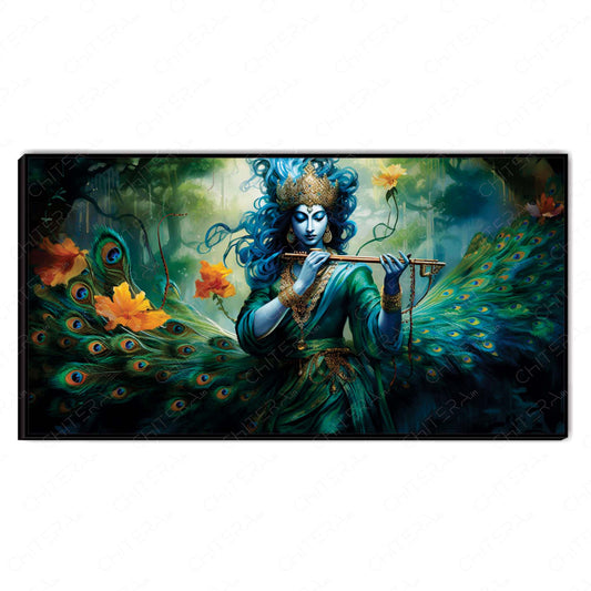 Krishna with Peacock Aura Canvas Wall Art