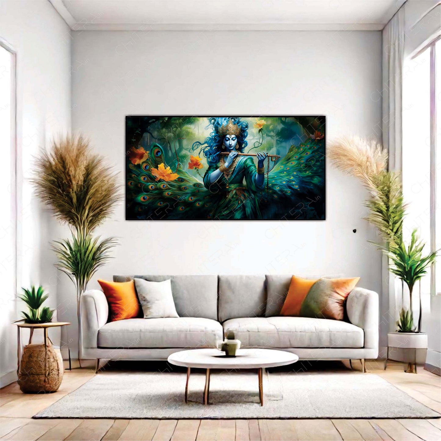 Krishna with Peacock Aura Canvas Wall Art