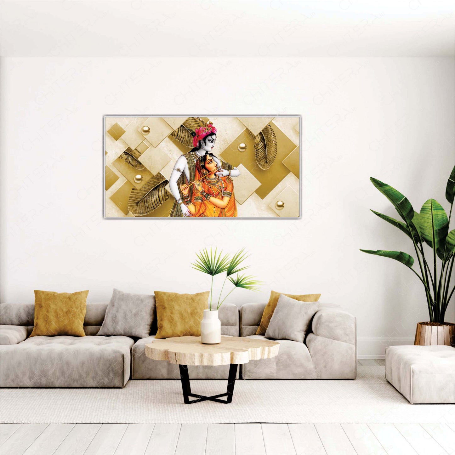 Radha Krishna Eternal Love in Golden Aura Canvas Wall Art