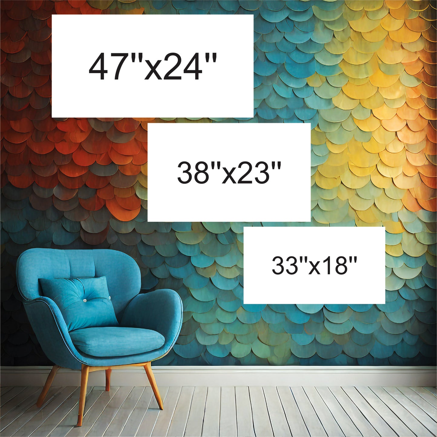 Canvas wall art size chart with frame dimensions 47x24 inches, 38x23 inches, and 33x18 inches displayed on a decorative wall with blue chair