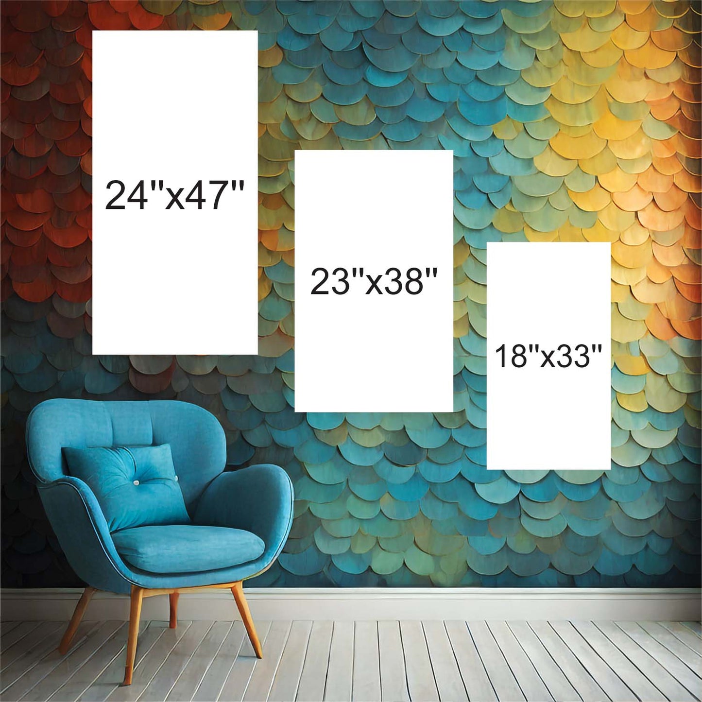 Chitera canvas wall art size guide showing 24x47, 23x38 and 18x33 inch frame dimensions on wall