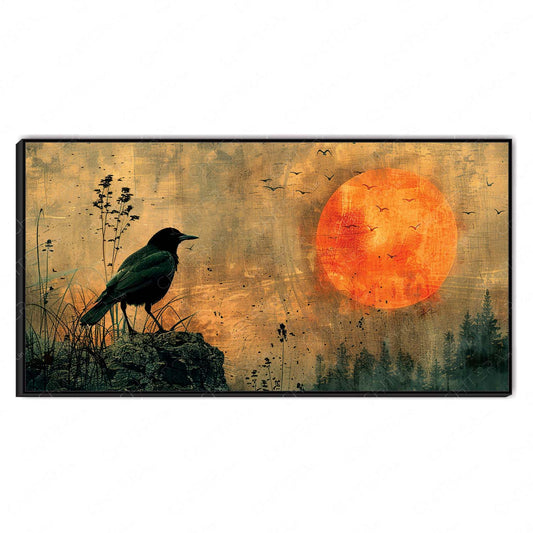 Chitera The Last Perch canvas wall art front view with crow on rock and orange sunset sky over forest landscape