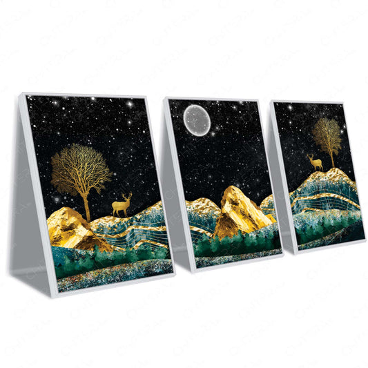 Golden Deer Under Moonlight Trio Canvas Wall Art