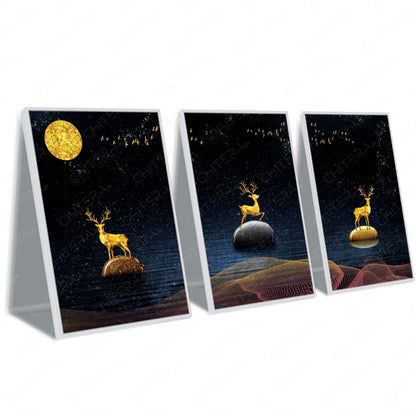 Luxury Golden Stags in Night Sky Trio Canvas Wall Art