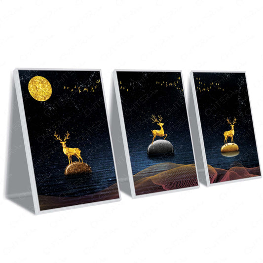 Luxury Golden Stags in Night Sky Trio Canvas Wall Art