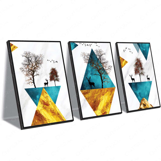 Minimal Geometric Nature with Deer Trio Canvas Wall Art