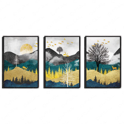 Mystic Mountains & Deer Trio Canvas Wall Art