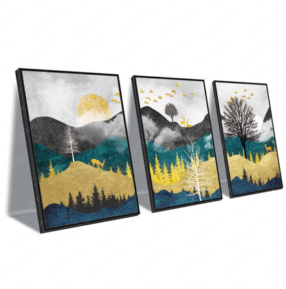 Mystic Mountains & Deer Trio Canvas Wall Art