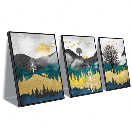 Mystic Mountains & Deer Trio Canvas Wall Art