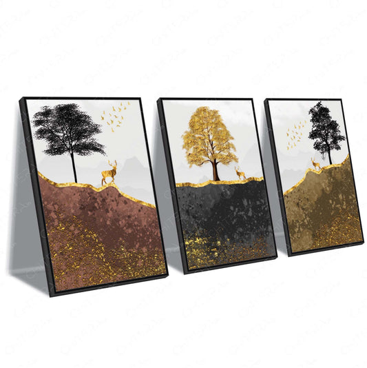 Golden Deer Under Seasonal Trees Trio Canvas Wall Art
