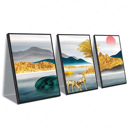 Golden Landscape with Deer & Rising Sun Trio Canvas Wall Art