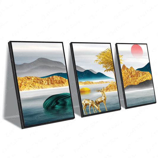 Golden Landscape with Deer & Rising Sun Trio Canvas Wall Art