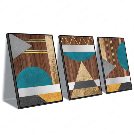Teal & Gold Geometric Pattern with Wood Style Trio Canvas Wall Art