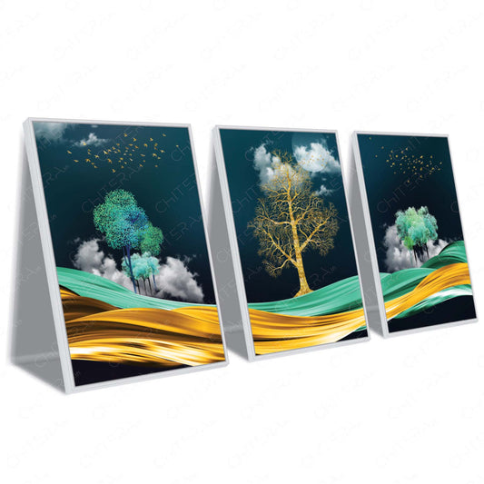 Golden Horizon with Trees & Birds Trio Canvas Wall Art