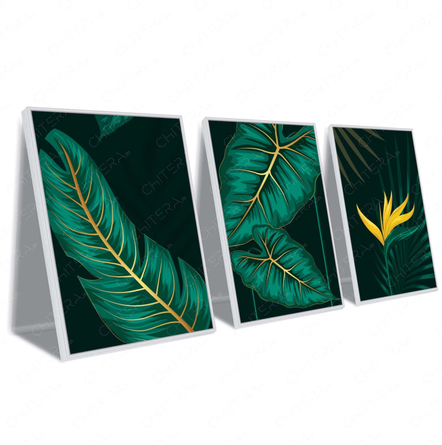Exotic Green Leaves & Yellow Bloom Trio Canvas Wall Art