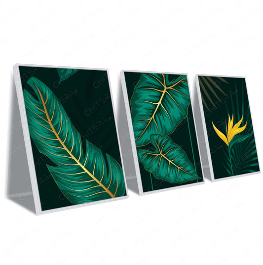 Exotic Green Leaves & Yellow Bloom Trio Canvas Wall Art