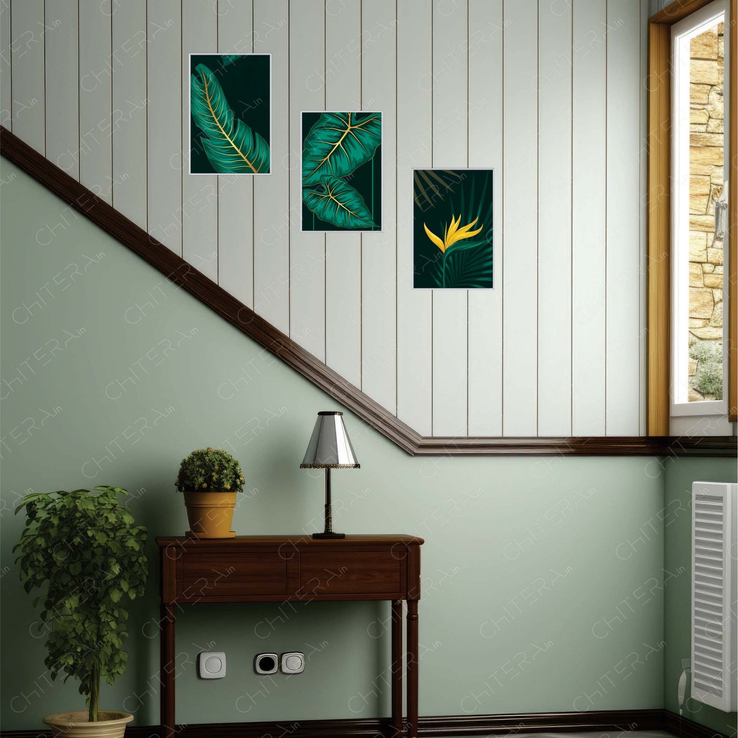 Exotic Green Leaves & Yellow Bloom Trio Canvas Wall Art