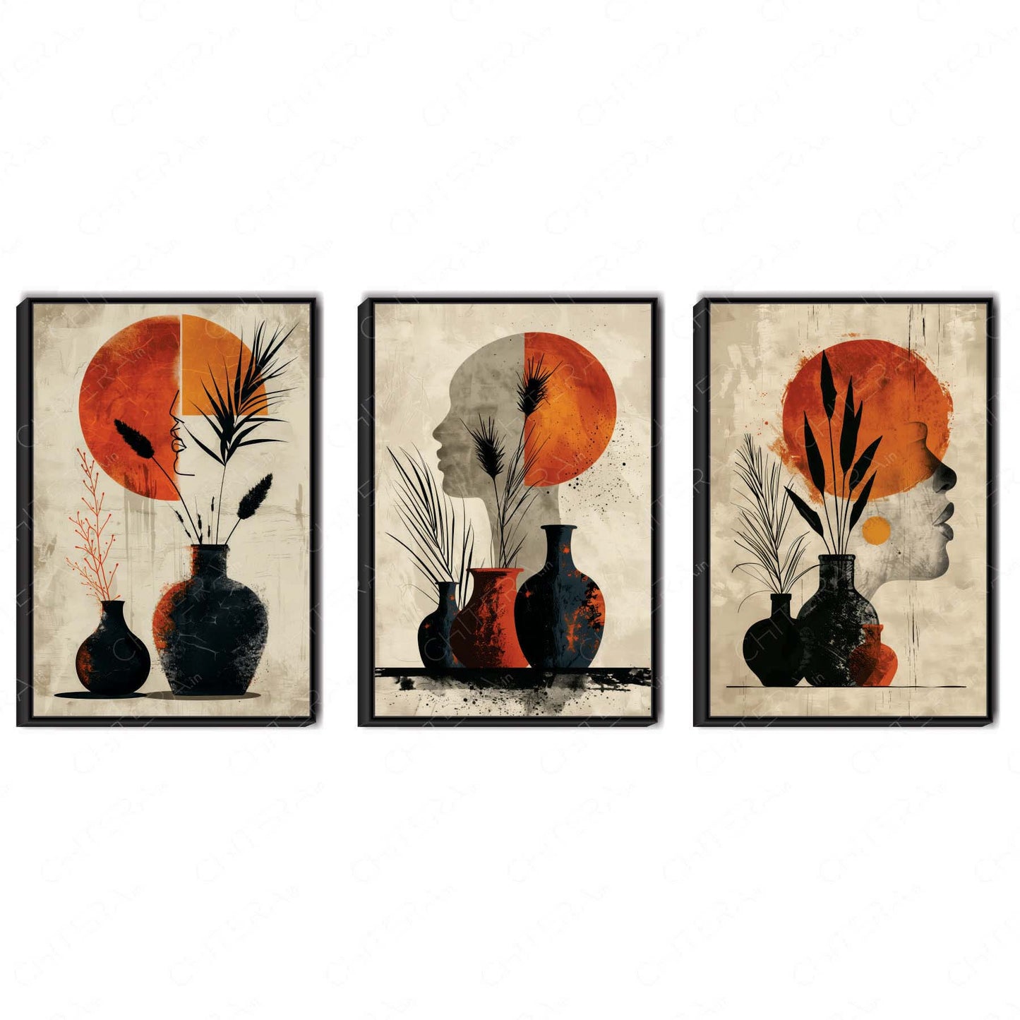 Modern Abstract Faces with Vases Trio Canvas Wall Art