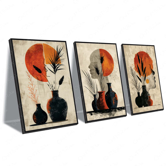 Modern Abstract Faces with Vases Trio Canvas Wall Art