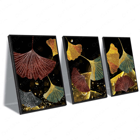 Golden Ginkgo Leaf Abstract Trio Canvas Wall Art