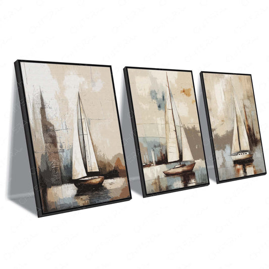 Elegant Nautical Theme Boat Trio Canvas Wall Art