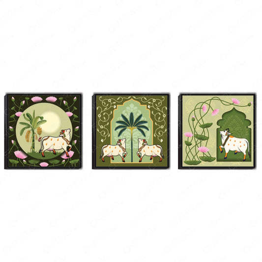 Eternal Grace: Cow & Nature Trio Canvas Wall Art