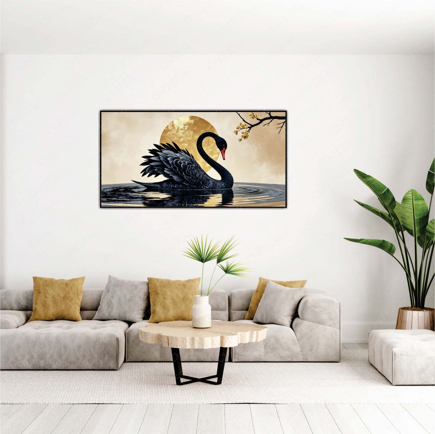 Mystic Swan with Golden Moon Elegance Canvas Wall Art