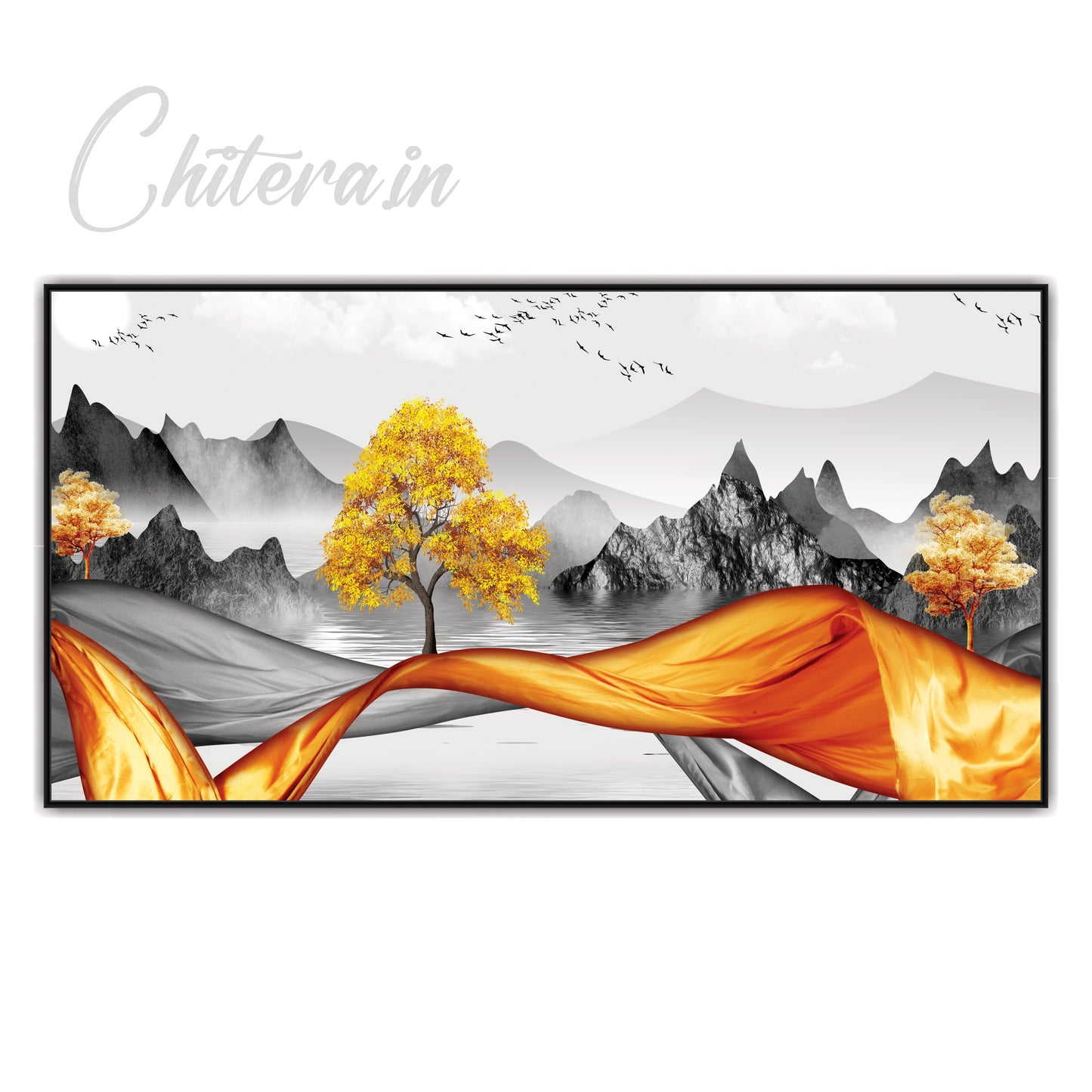 3D Modern Golden Tree Gray Mountains art Canvas Print Wall Painting