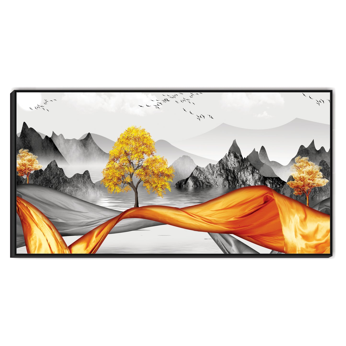 3D Modern Golden Tree Gray Mountains art Canvas Print Wall Painting