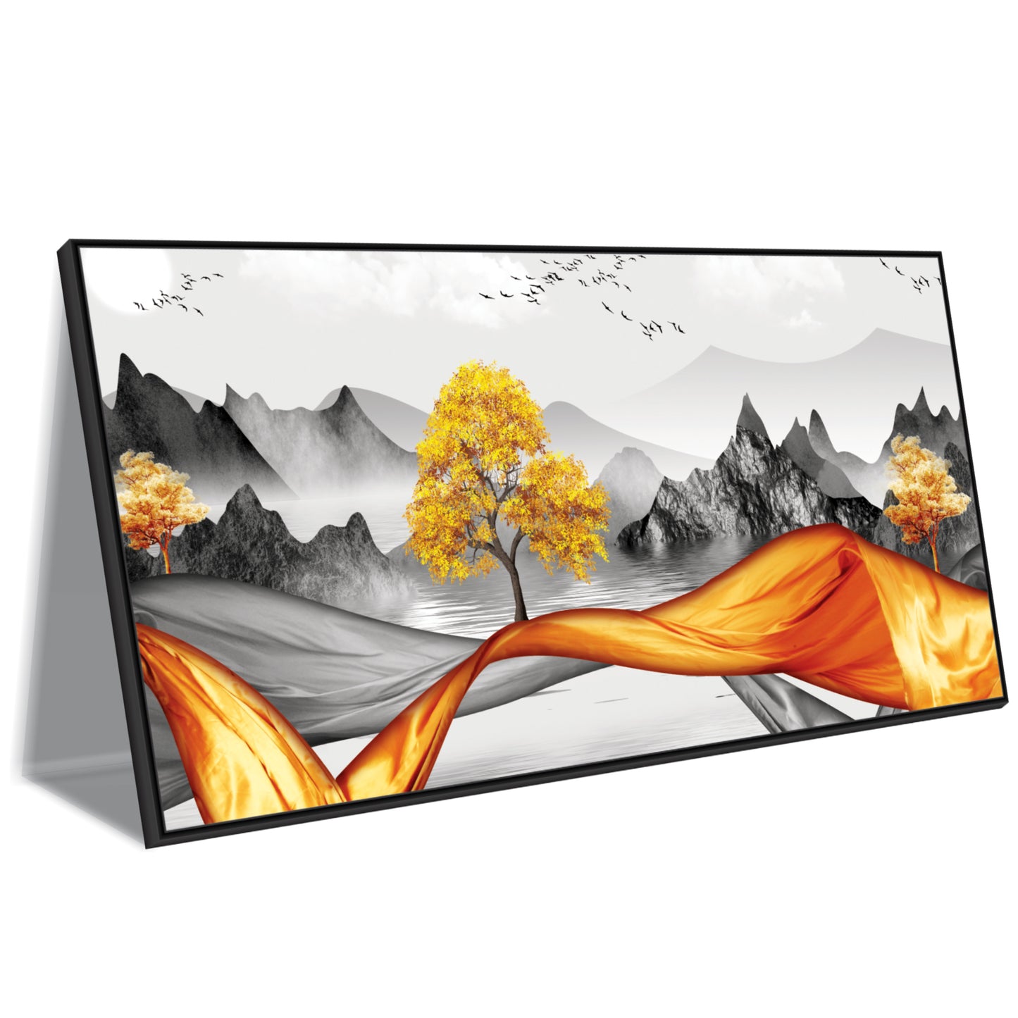 3D Modern Golden Tree Gray Mountains art Canvas Print Wall Painting