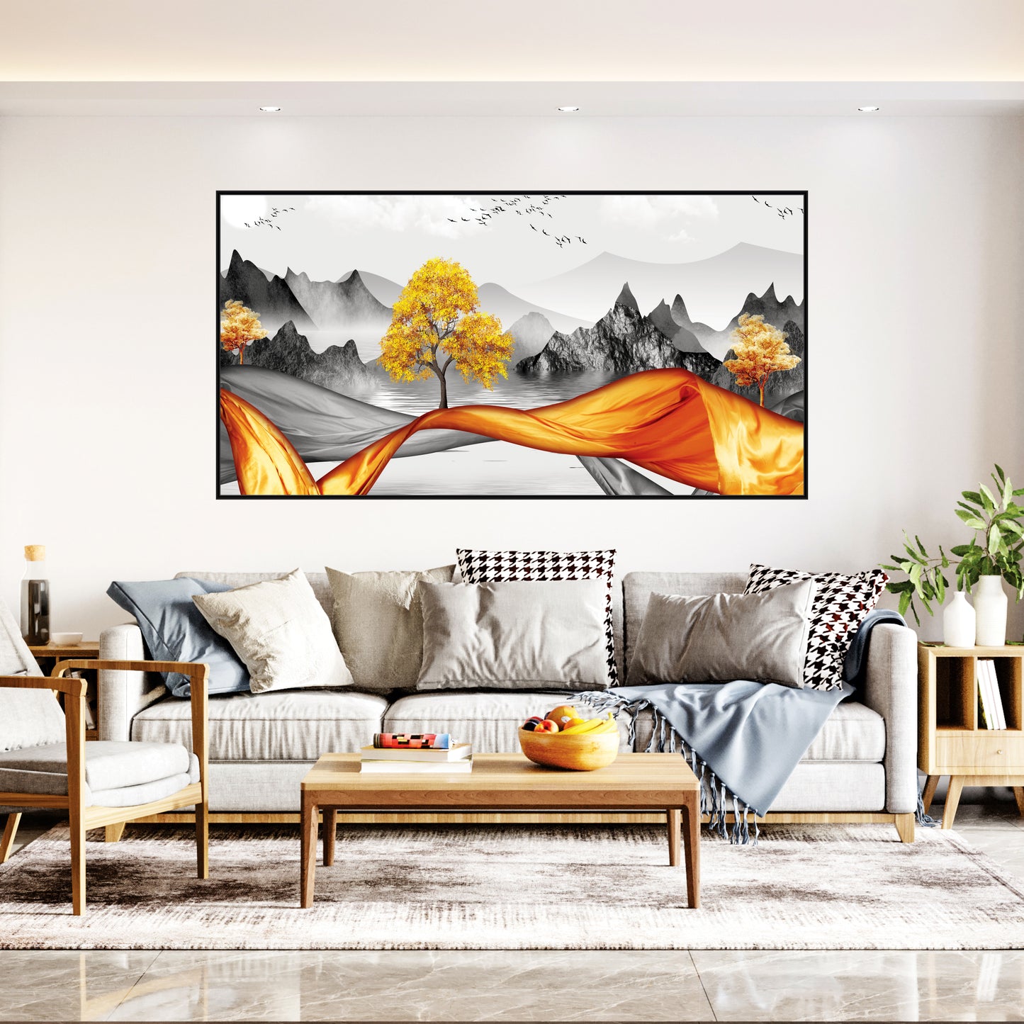 3D Modern Golden Tree Gray Mountains art Canvas Print Wall Painting