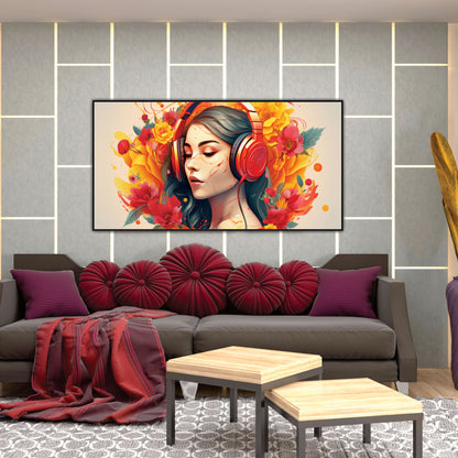 Girl Listening Music Landscape Vector Canvas Art