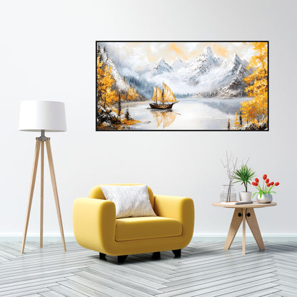 Boat & Mountains Nature Canvas Art Wall Painting