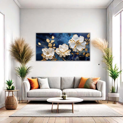 Navy Blue and Gold Flowers Canvas Wall Art