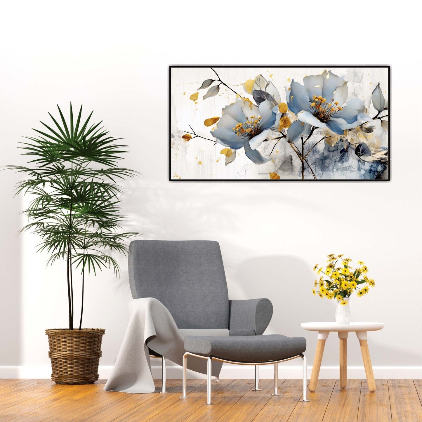 Blue and Gold Floral Bloom Canvas Wall Art