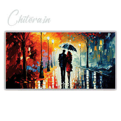 Couple Walking Rain with Umbrella Canvas Art Print Wall Painting