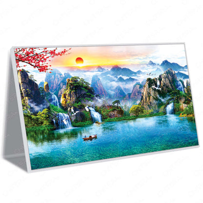Sunrise Over Misty Mountains and Lake Canvas Wall Art