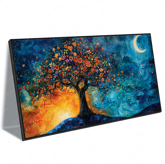Floral Tree Under Moonlit Sky Abstract Canvas Wall Art