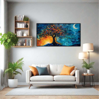Floral Tree Under Moonlit Sky Abstract Canvas Wall Art
