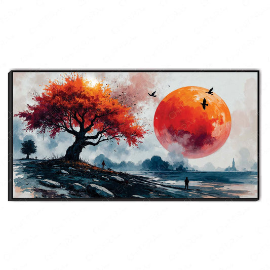 Abstract Autumn Tree and Red Moon Canvas Wall Art