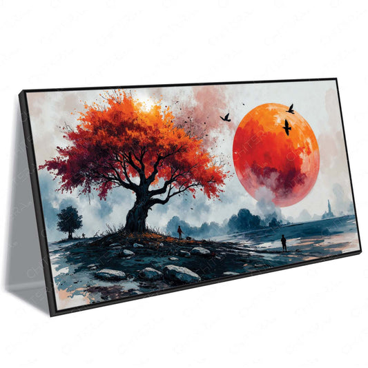 Abstract Autumn Tree and Red Moon Canvas Wall Art