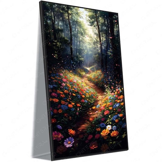 Enchanting Flower Pathway in Sunlit Forest Canvas Wall Art