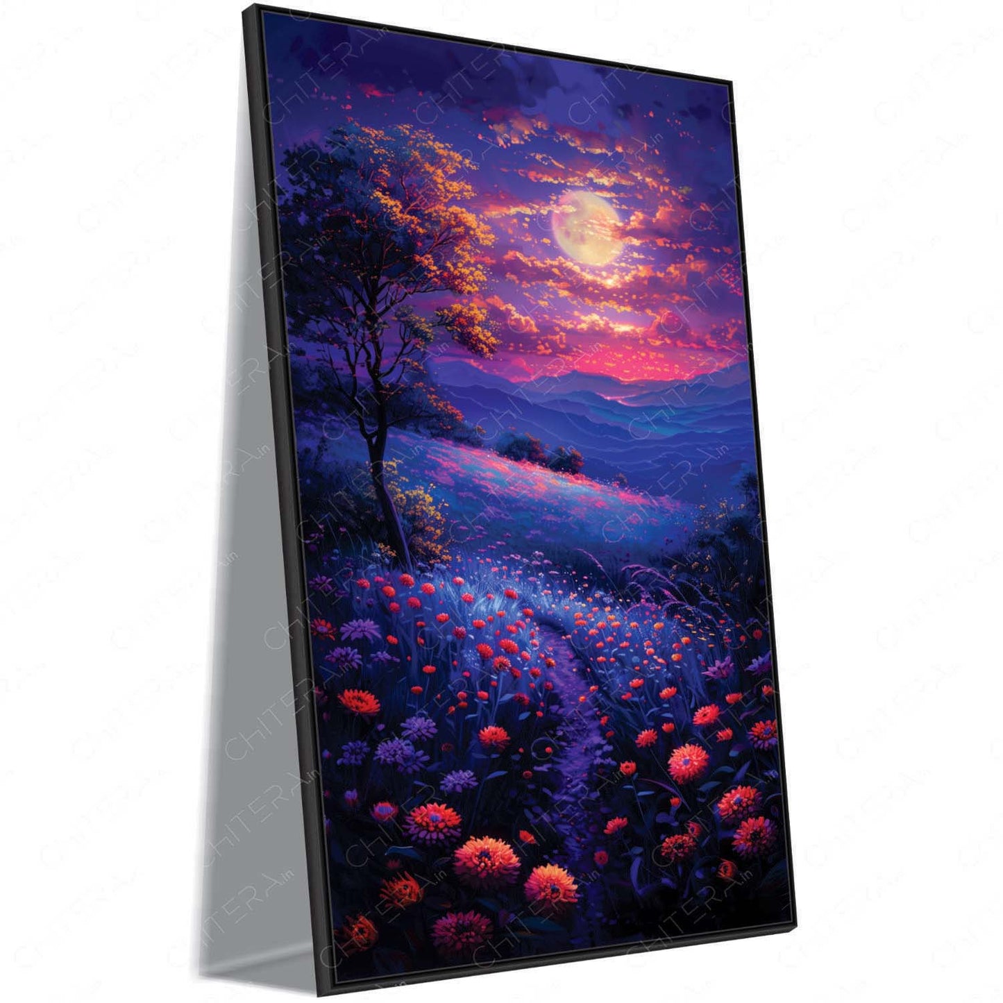 Moonlit Path in Purple Valley with Wildflowers Canvas Wall Art