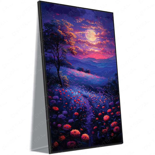 Moonlit Path in Purple Valley with Wildflowers Canvas Wall Art