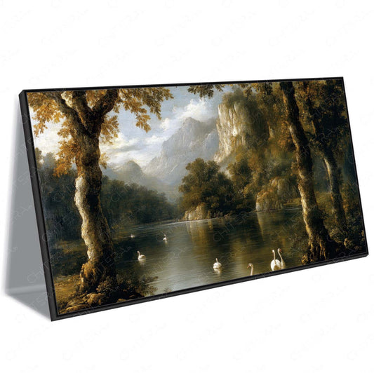 Majestic Mountain Valley with Trees and Lake Swans Canvas Wall Art