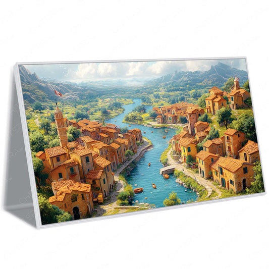 Charming Riverside Village with Rustic Houses Canvas Wall Art