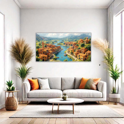 Charming Riverside Village with Rustic Houses Canvas Wall Art
