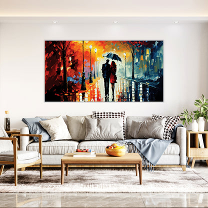 Couple Walking Rain with Umbrella Canvas Art Print Wall Painting