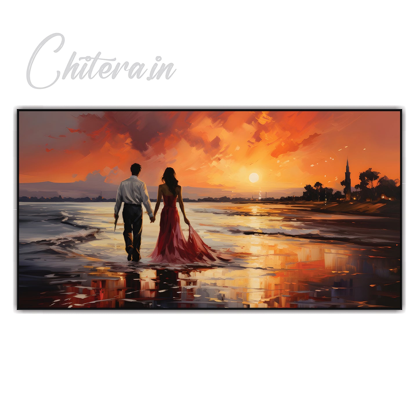 Romantic Sunset Walk - Couple on the Beach Canvas Art